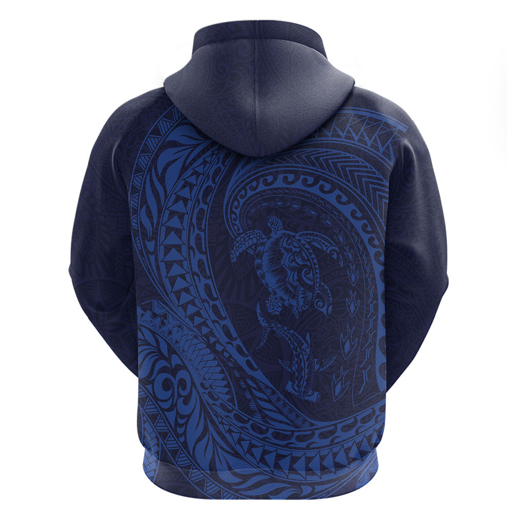 Hawaiian Turtle and Shark Hoodie Kakau Tribal with Polynesian Pattern Blue Color