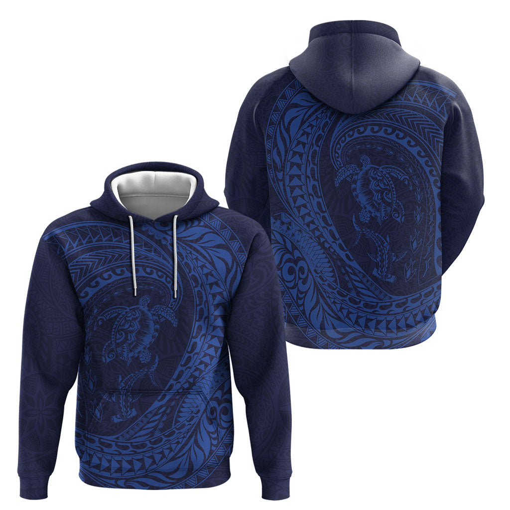 Hawaiian Turtle and Shark Hoodie Kakau Tribal with Polynesian Pattern Blue Color