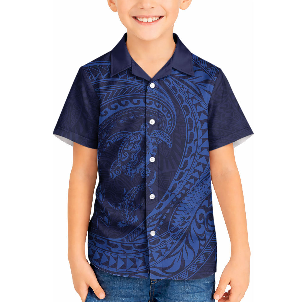 Hawaiian Turtle and Shark Kid Hawaiian Shirt Kakau Tribal with Polynesian Pattern Blue Color
