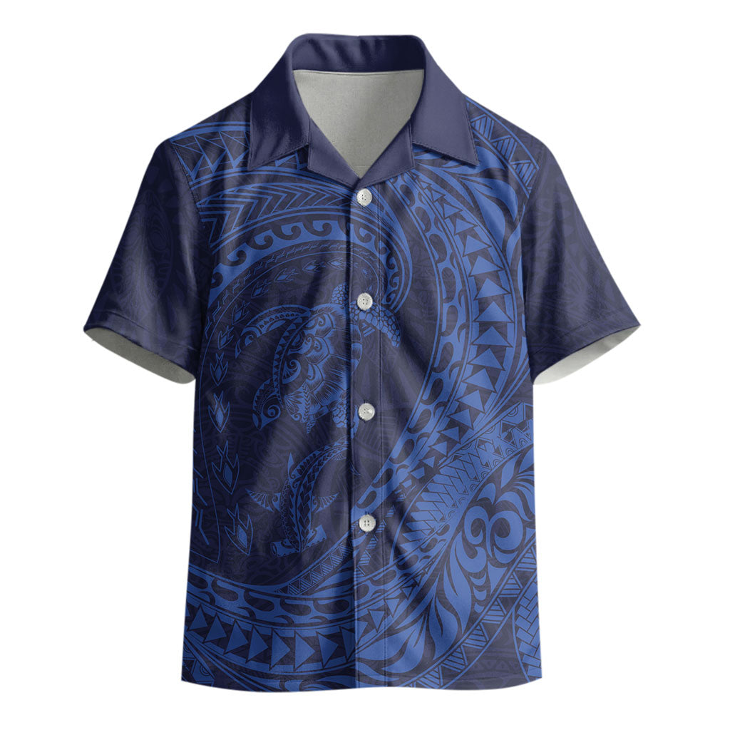 Hawaiian Turtle and Shark Kid Hawaiian Shirt Kakau Tribal with Polynesian Pattern Blue Color