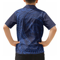 Hawaiian Turtle and Shark Kid Hawaiian Shirt Kakau Tribal with Polynesian Pattern Blue Color