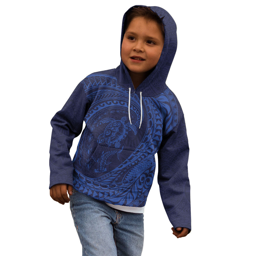 Hawaiian Turtle and Shark Kid Hoodie Kakau Tribal with Polynesian Pattern Blue Color