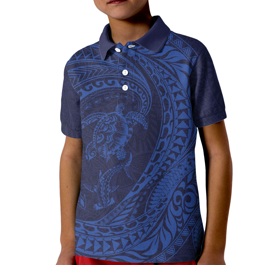 Hawaiian Turtle and Shark Kid Polo Shirt Kakau Tribal with Polynesian Pattern Blue Color