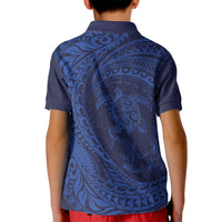 Hawaiian Turtle and Shark Kid Polo Shirt Kakau Tribal with Polynesian Pattern Blue Color
