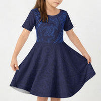 Hawaiian Turtle and Shark Kid Short Sleeve Dress Kakau Tribal with Polynesian Pattern Blue Color