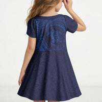 Hawaiian Turtle and Shark Kid Short Sleeve Dress Kakau Tribal with Polynesian Pattern Blue Color