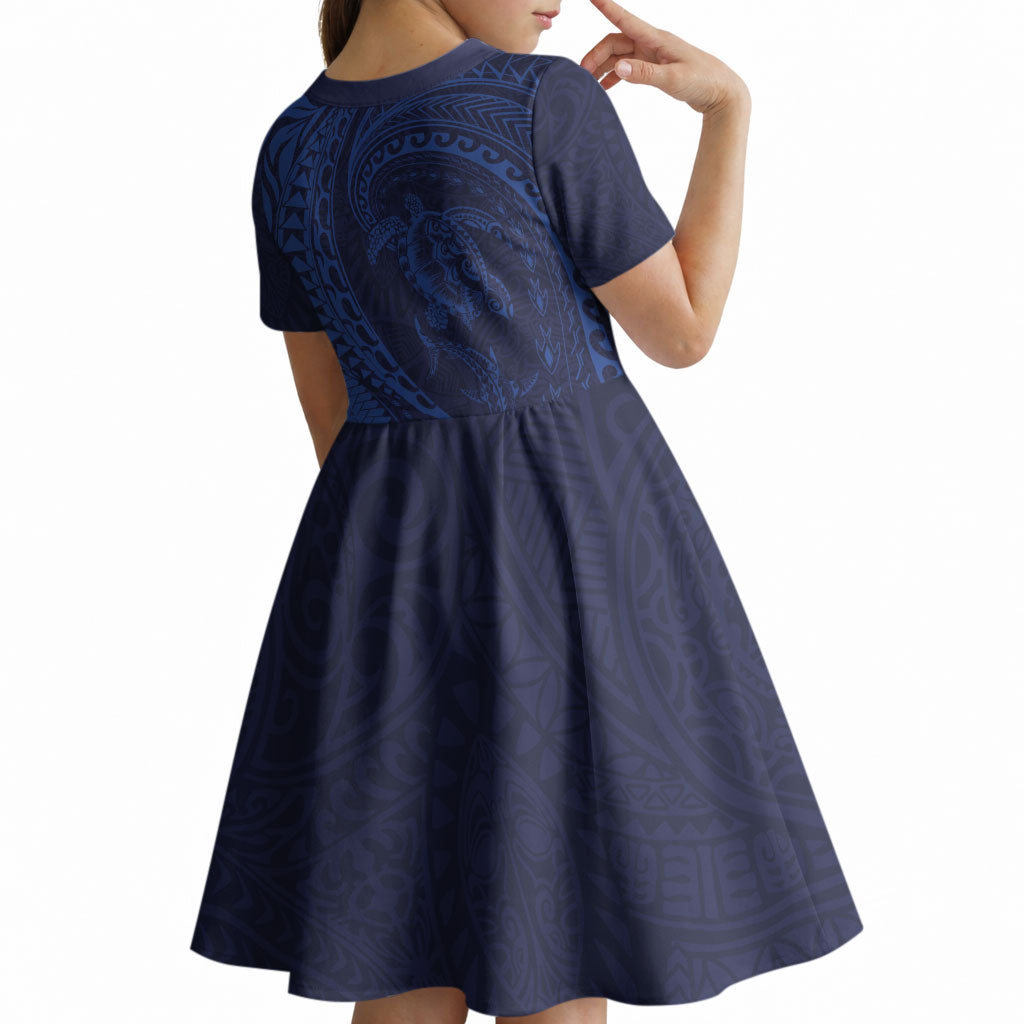 Hawaiian Turtle and Shark Kid Short Sleeve Dress Kakau Tribal with Polynesian Pattern Blue Color