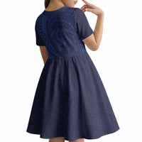 Hawaiian Turtle and Shark Kid Short Sleeve Dress Kakau Tribal with Polynesian Pattern Blue Color