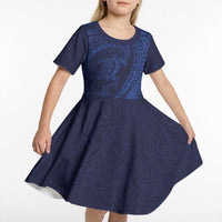 Hawaiian Turtle and Shark Kid Short Sleeve Dress Kakau Tribal with Polynesian Pattern Blue Color