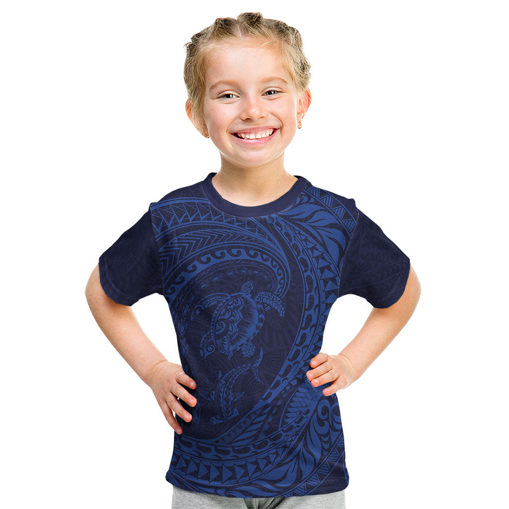 Hawaiian Turtle and Shark Kid T Shirt Kakau Tribal with Polynesian Pattern Blue Color
