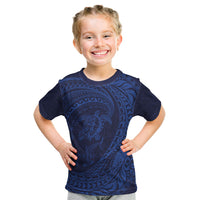 Hawaiian Turtle and Shark Kid T Shirt Kakau Tribal with Polynesian Pattern Blue Color