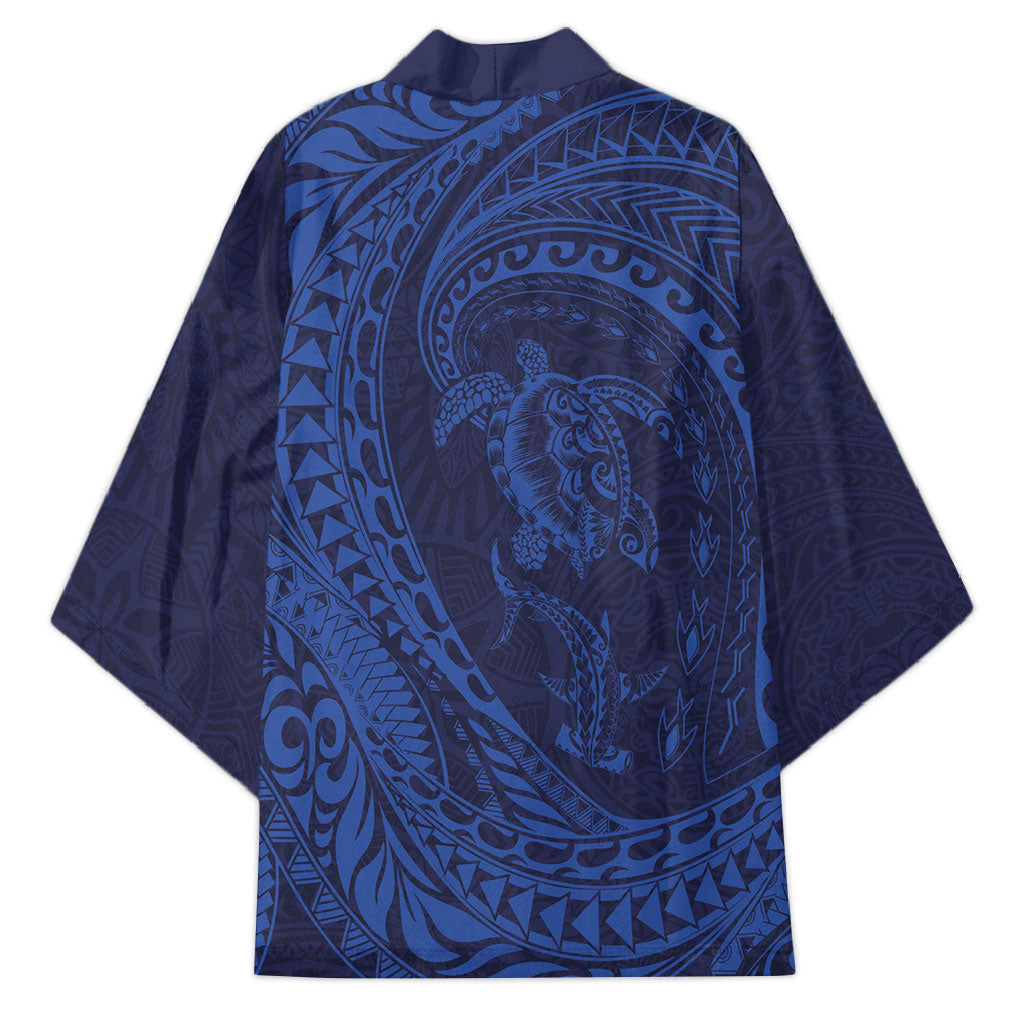 Hawaiian Turtle and Shark Kimono Kakau Tribal with Polynesian Pattern Blue Color