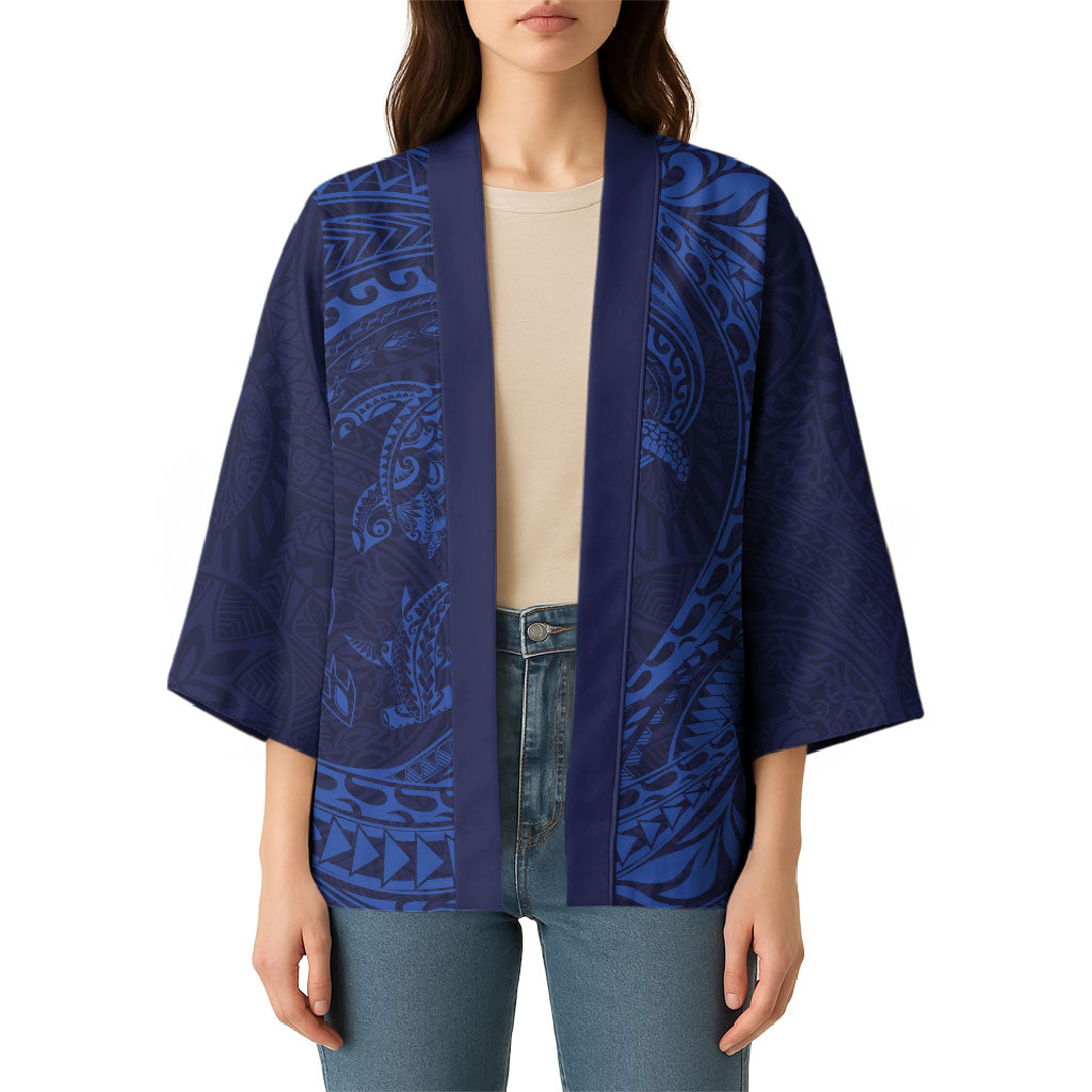 Hawaiian Turtle and Shark Kimono Kakau Tribal with Polynesian Pattern Blue Color