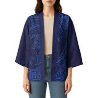 Hawaiian Turtle and Shark Kimono Kakau Tribal with Polynesian Pattern Blue Color