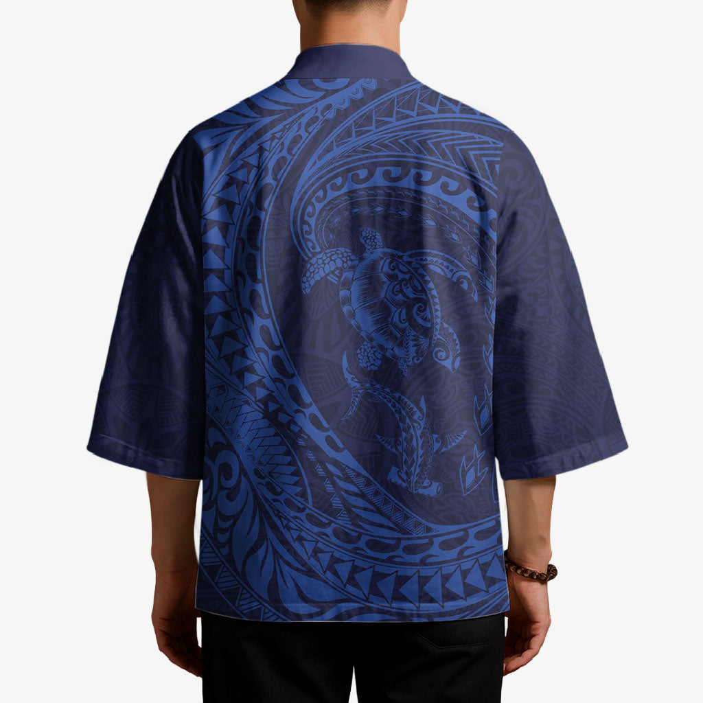 Hawaiian Turtle and Shark Kimono Kakau Tribal with Polynesian Pattern Blue Color
