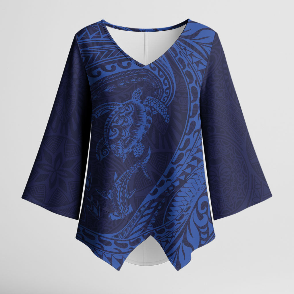 Hawaiian Turtle and Shark Kimono Sleeve Blouse Kakau Tribal with Polynesian Pattern Blue Color