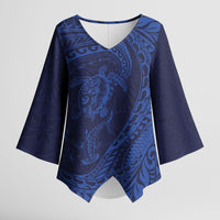 Hawaiian Turtle and Shark Kimono Sleeve Blouse Kakau Tribal with Polynesian Pattern Blue Color
