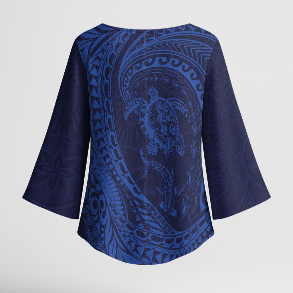 Hawaiian Turtle and Shark Kimono Sleeve Blouse Kakau Tribal with Polynesian Pattern Blue Color