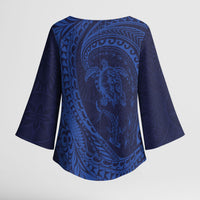 Hawaiian Turtle and Shark Kimono Sleeve Blouse Kakau Tribal with Polynesian Pattern Blue Color