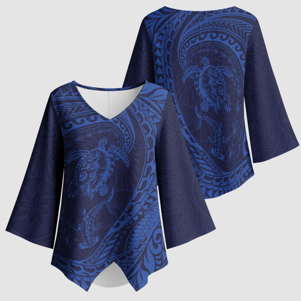 Hawaiian Turtle and Shark Kimono Sleeve Blouse Kakau Tribal with Polynesian Pattern Blue Color