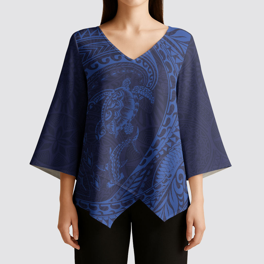 Hawaiian Turtle and Shark Kimono Sleeve Blouse Kakau Tribal with Polynesian Pattern Blue Color