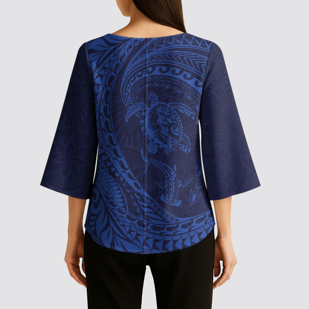 Hawaiian Turtle and Shark Kimono Sleeve Blouse Kakau Tribal with Polynesian Pattern Blue Color