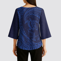 Hawaiian Turtle and Shark Kimono Sleeve Blouse Kakau Tribal with Polynesian Pattern Blue Color