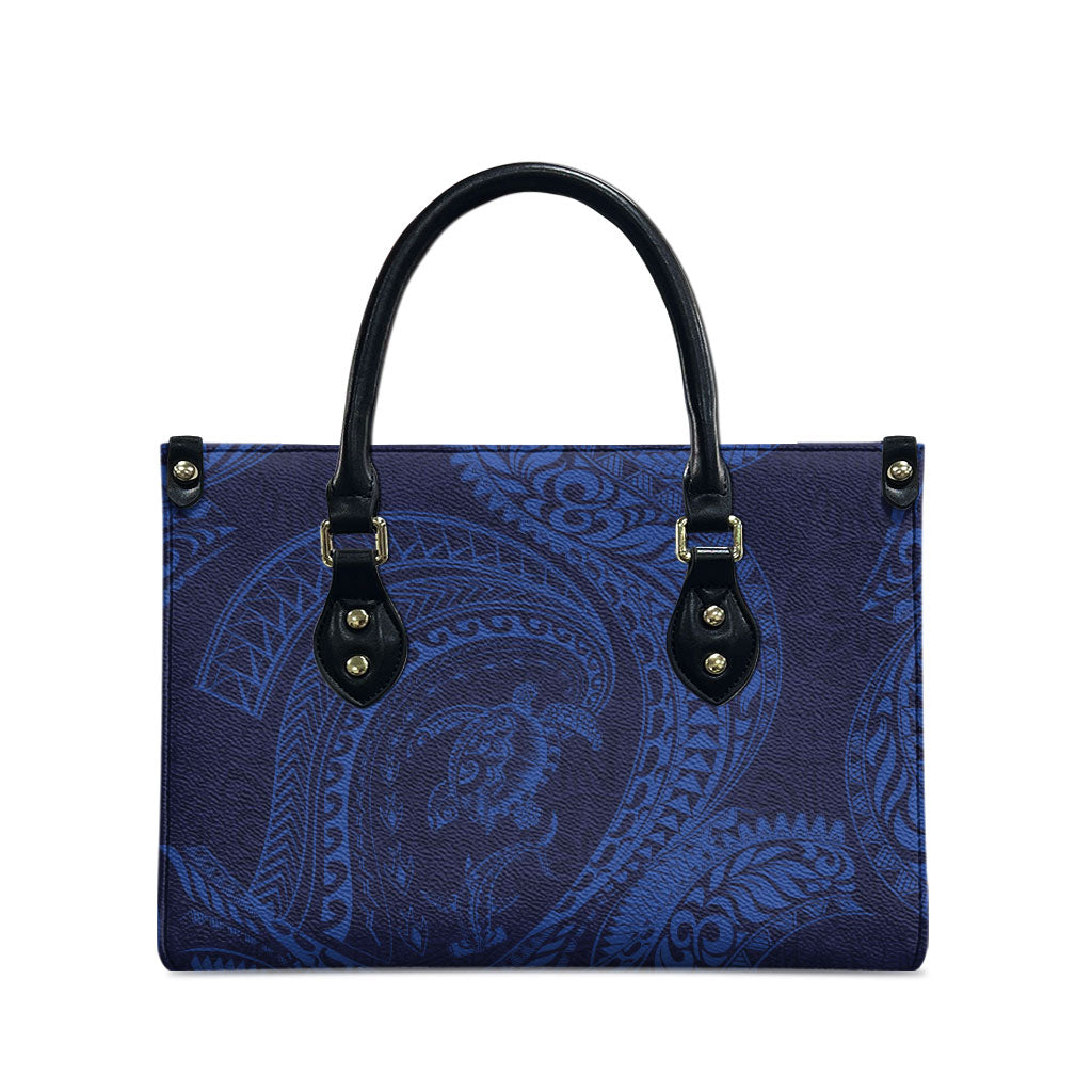 Hawaiian Turtle and Shark Leather Bag Kakau Tribal with Polynesian Pattern Blue Color