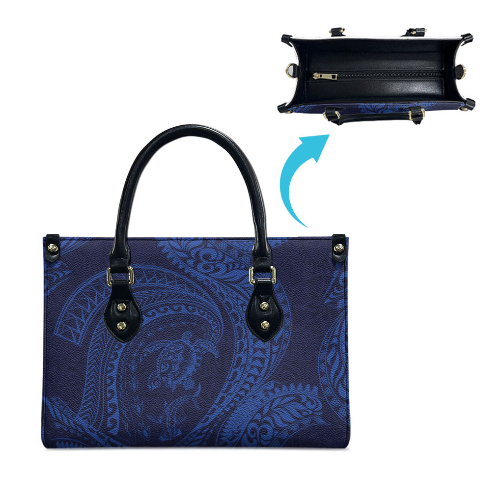 Hawaiian Turtle and Shark Leather Bag Kakau Tribal with Polynesian Pattern Blue Color