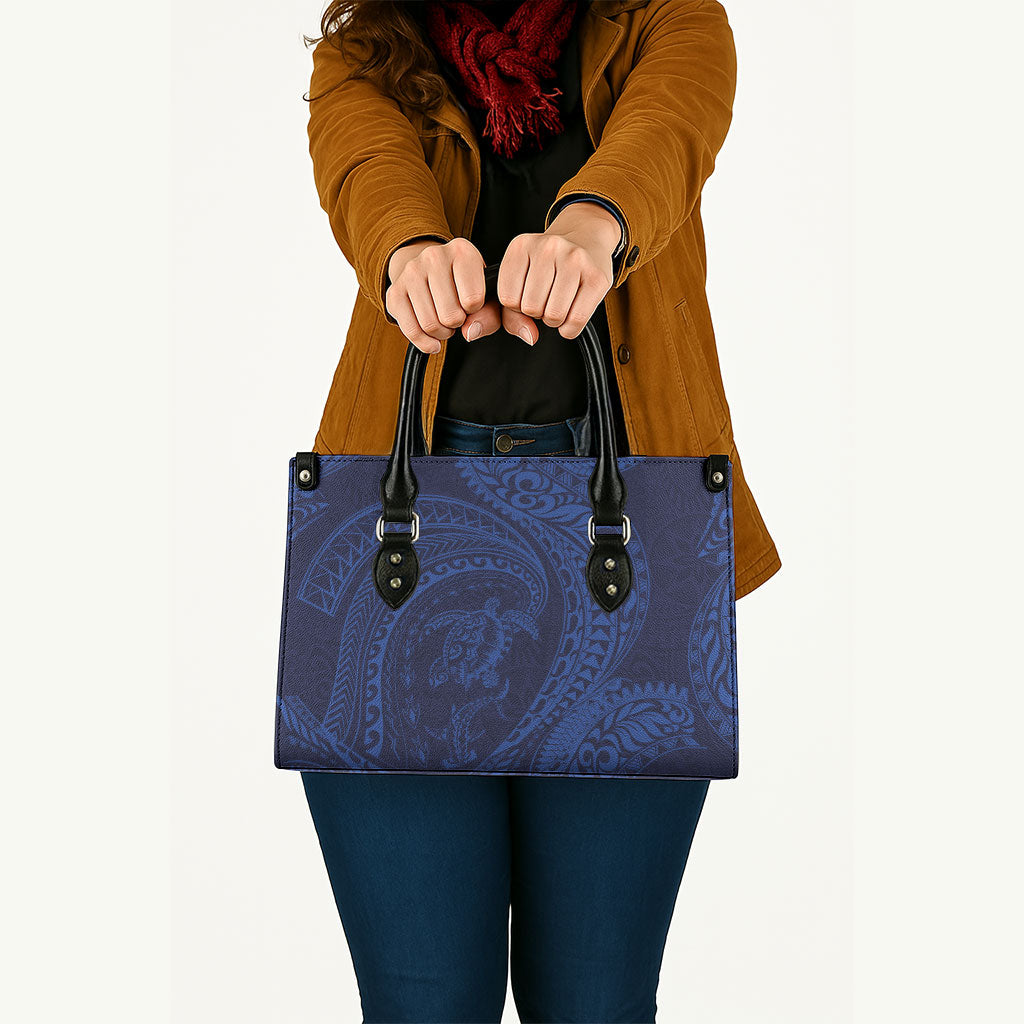 Hawaiian Turtle and Shark Leather Bag Kakau Tribal with Polynesian Pattern Blue Color