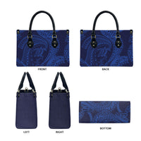 Hawaiian Turtle and Shark Leather Bag Kakau Tribal with Polynesian Pattern Blue Color