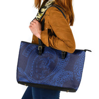 Hawaiian Turtle and Shark Leather Tote Bag Kakau Tribal with Polynesian Pattern Blue Color