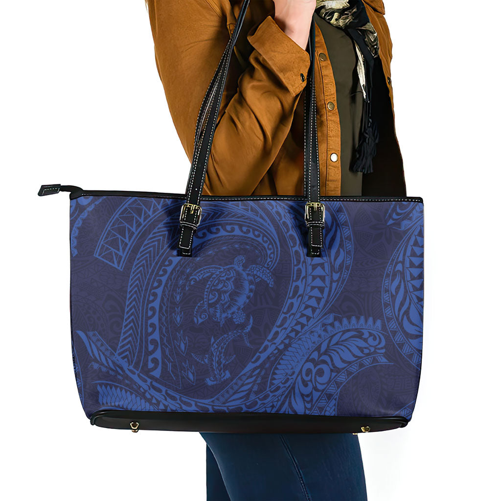 Hawaiian Turtle and Shark Leather Tote Bag Kakau Tribal with Polynesian Pattern Blue Color