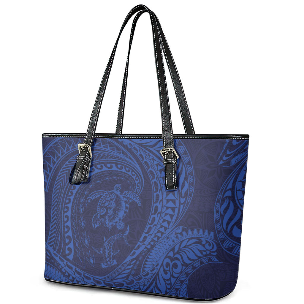 Hawaiian Turtle and Shark Leather Tote Bag Kakau Tribal with Polynesian Pattern Blue Color