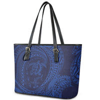 Hawaiian Turtle and Shark Leather Tote Bag Kakau Tribal with Polynesian Pattern Blue Color