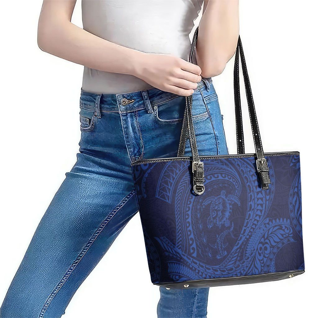 Hawaiian Turtle and Shark Leather Tote Bag Kakau Tribal with Polynesian Pattern Blue Color