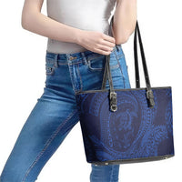 Hawaiian Turtle and Shark Leather Tote Bag Kakau Tribal with Polynesian Pattern Blue Color