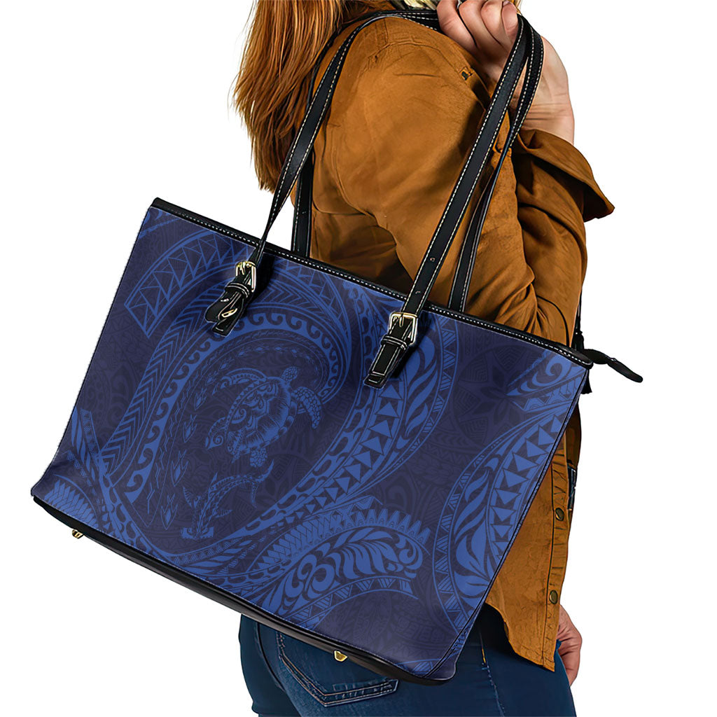 Hawaiian Turtle and Shark Leather Tote Bag Kakau Tribal with Polynesian Pattern Blue Color