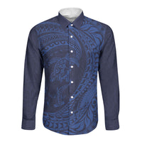 Hawaiian Turtle and Shark Long Sleeve Button Shirt Kakau Tribal with Polynesian Pattern Blue Color