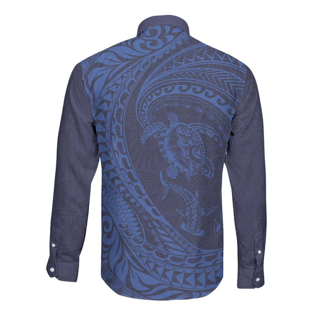 Hawaiian Turtle and Shark Long Sleeve Button Shirt Kakau Tribal with Polynesian Pattern Blue Color
