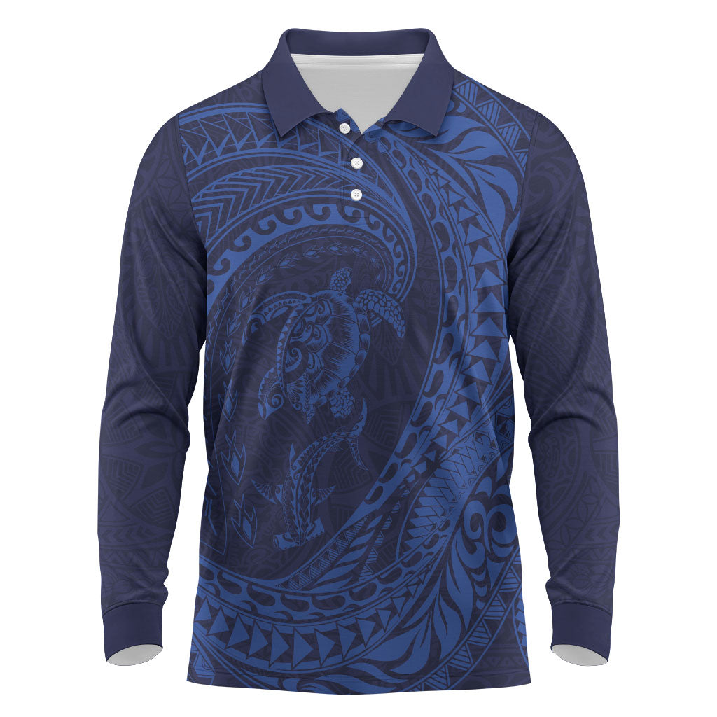 Hawaiian Turtle and Shark Long Sleeve Polo Shirt Kakau Tribal with Polynesian Pattern Blue Color