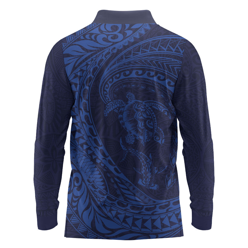 Hawaiian Turtle and Shark Long Sleeve Polo Shirt Kakau Tribal with Polynesian Pattern Blue Color