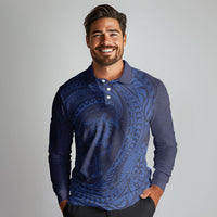 Hawaiian Turtle and Shark Long Sleeve Polo Shirt Kakau Tribal with Polynesian Pattern Blue Color