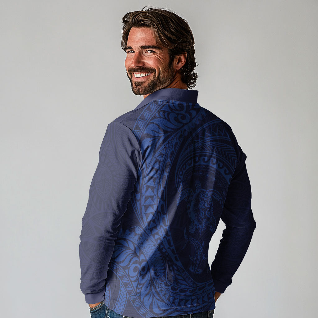 Hawaiian Turtle and Shark Long Sleeve Polo Shirt Kakau Tribal with Polynesian Pattern Blue Color