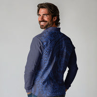 Hawaiian Turtle and Shark Long Sleeve Polo Shirt Kakau Tribal with Polynesian Pattern Blue Color