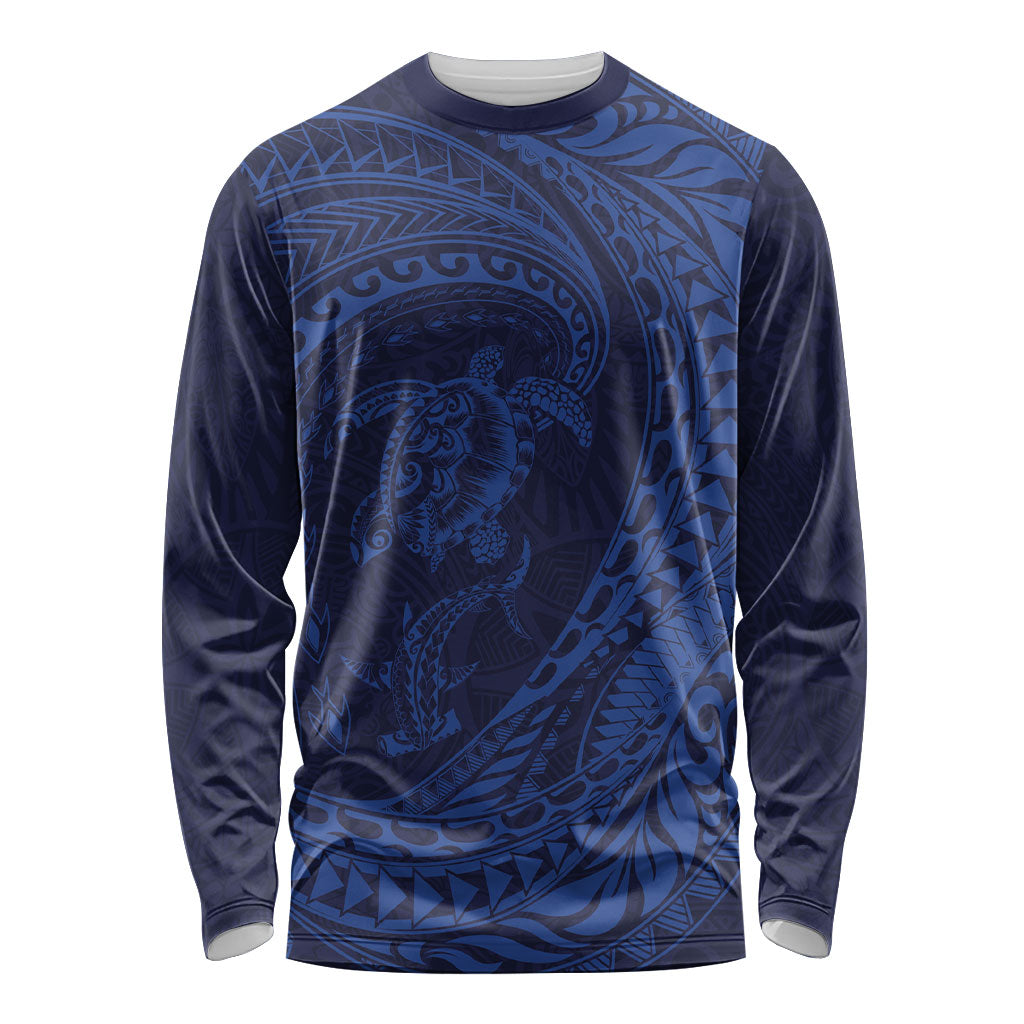 Hawaiian Turtle and Shark Long Sleeve Shirt Kakau Tribal with Polynesian Pattern Blue Color