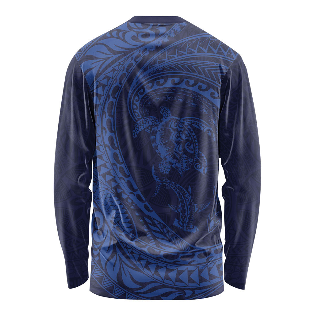 Hawaiian Turtle and Shark Long Sleeve Shirt Kakau Tribal with Polynesian Pattern Blue Color