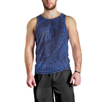 Hawaiian Turtle and Shark Men Tank Top Kakau Tribal with Polynesian Pattern Blue Color