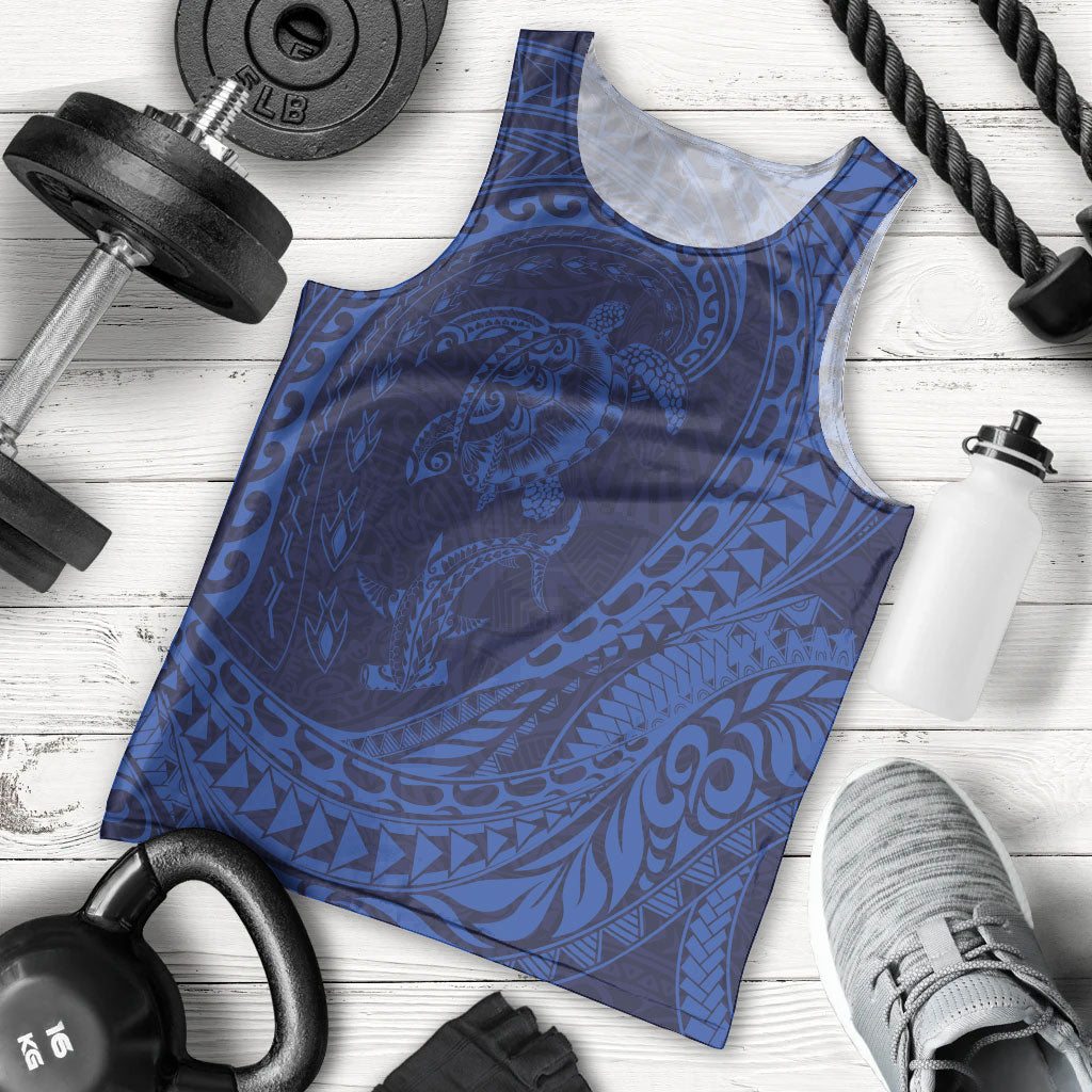 Hawaiian Turtle and Shark Men Tank Top Kakau Tribal with Polynesian Pattern Blue Color