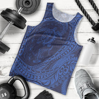Hawaiian Turtle and Shark Men Tank Top Kakau Tribal with Polynesian Pattern Blue Color